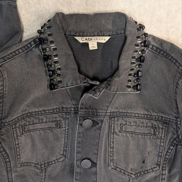 CAbi Denim Beaded Collar Black Biker Distressed Jacket With Zippers Size Small - Picture 2 of 10